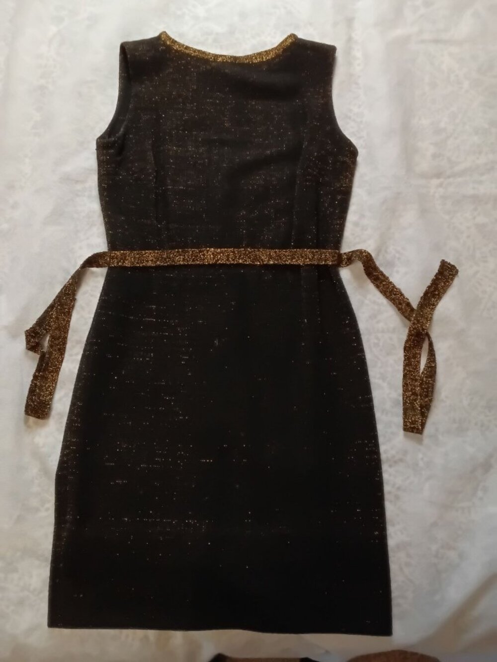 Vintage Black and Gold Glitter Sheath Dress Belted Medium Festive Glam Cocktail